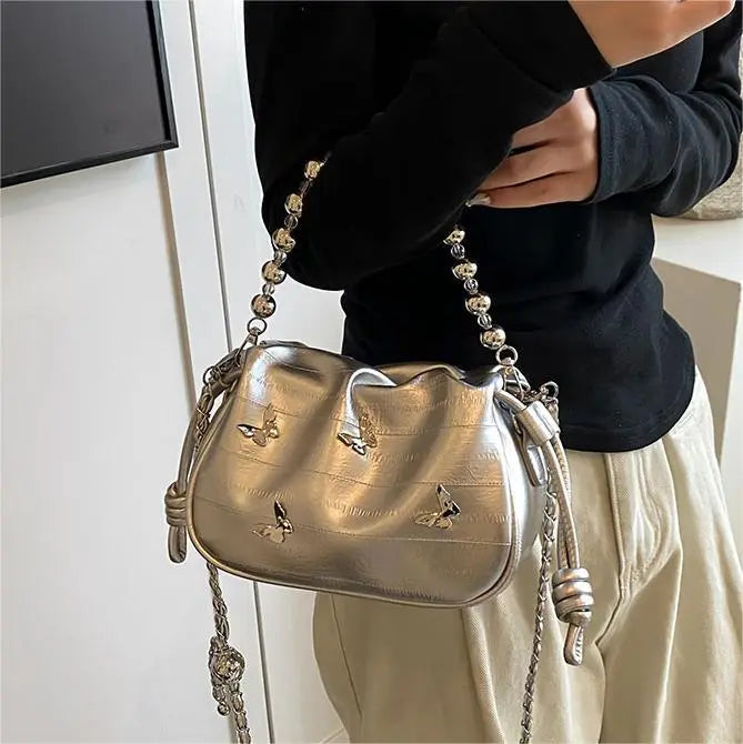 Women Fashion Elegant Solid Color Beaded Shoulder Bag