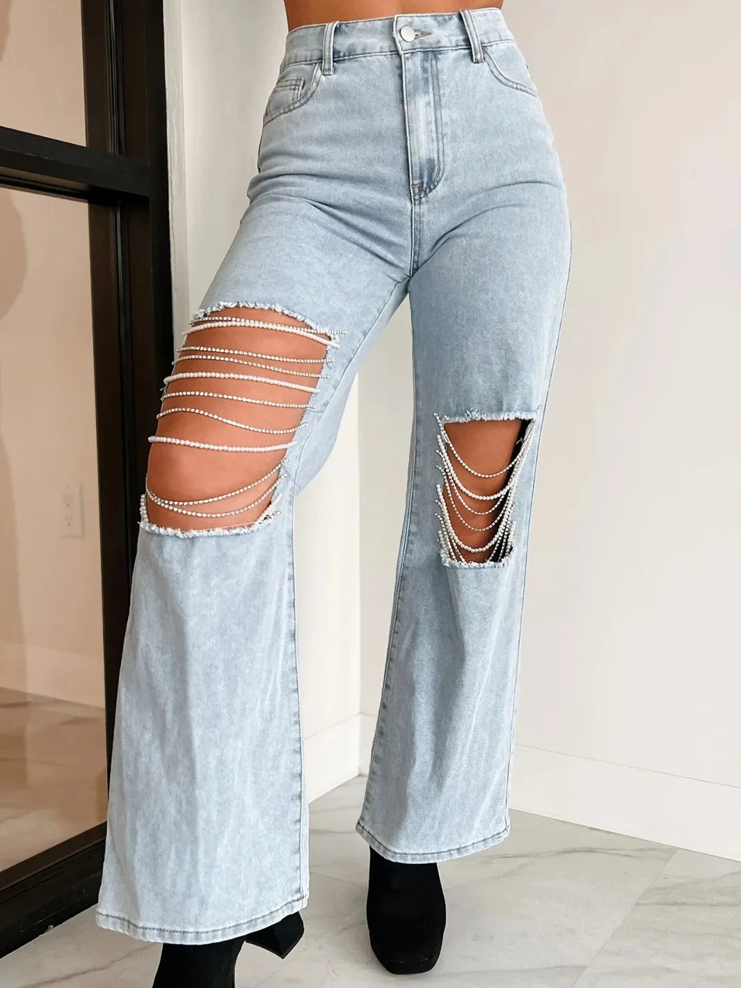 Hollow Ripped Chain Straight Jeans