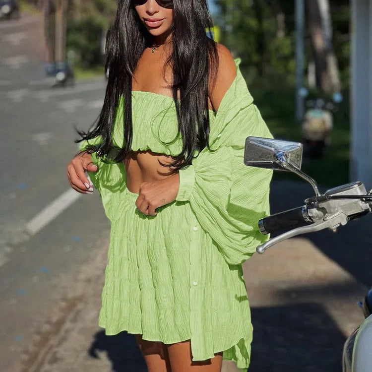 Women Long-Sleeved White Shirt Loose Tube Top High Waist Shorts Three-Piece Set