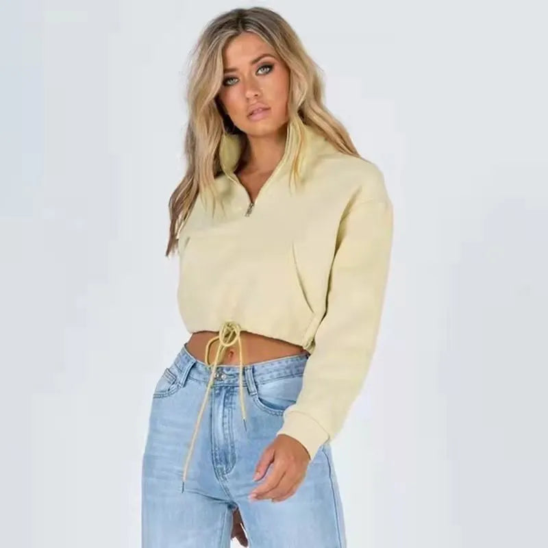 Women Fashion Casual Solid Color Zipper Turtle Neck Crop