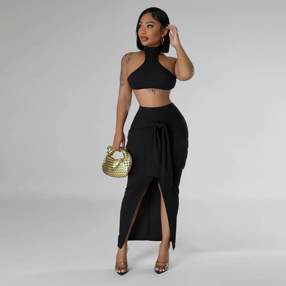 Women Fashion Sexy Solid Color Sleeveless Crop Top Split Lace-Up Skirts Two-Piece Set