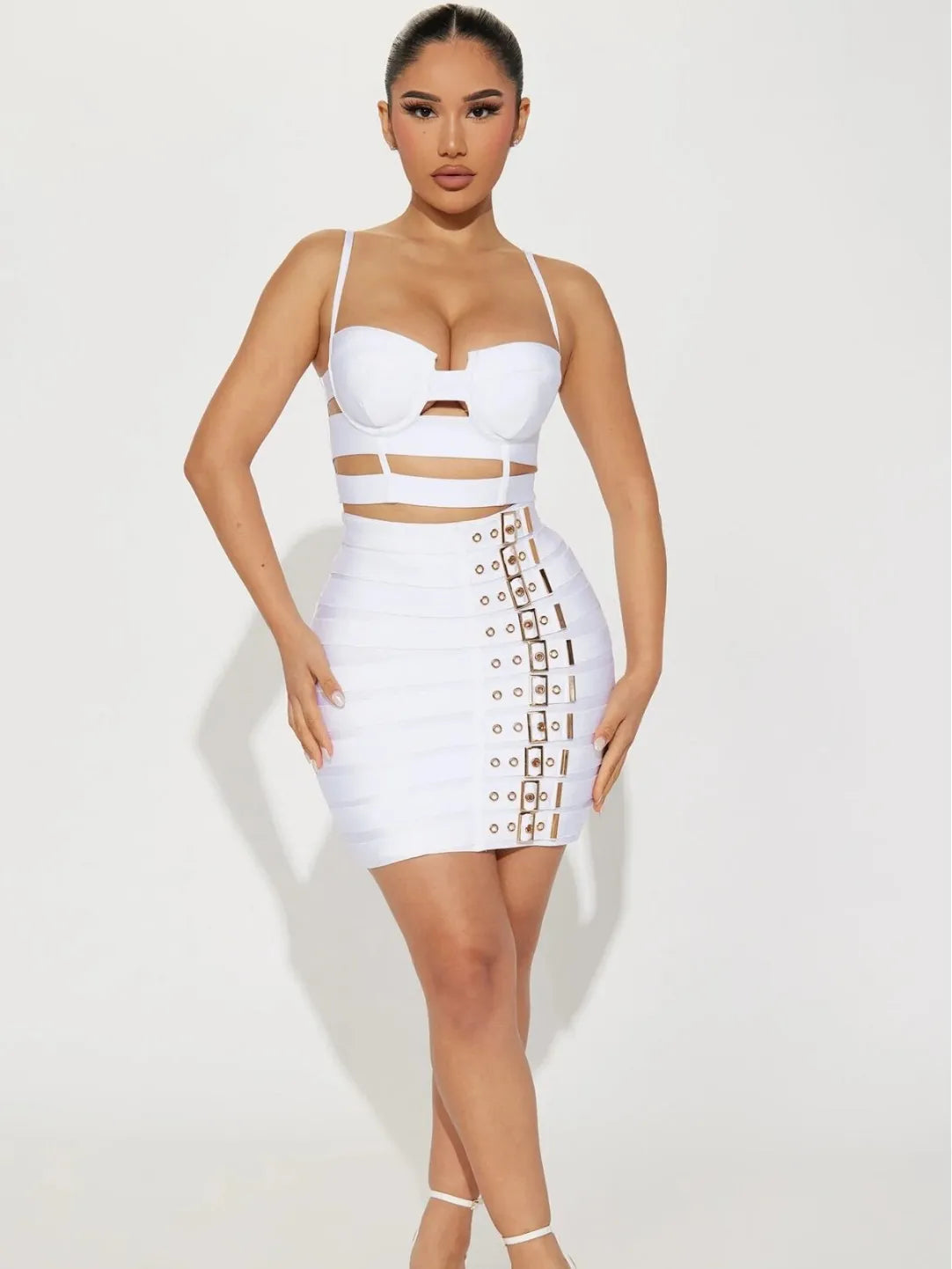 Women Fashion Sexy Hollow-Out Camisole Tight Belts Skirts Two-Piece Set