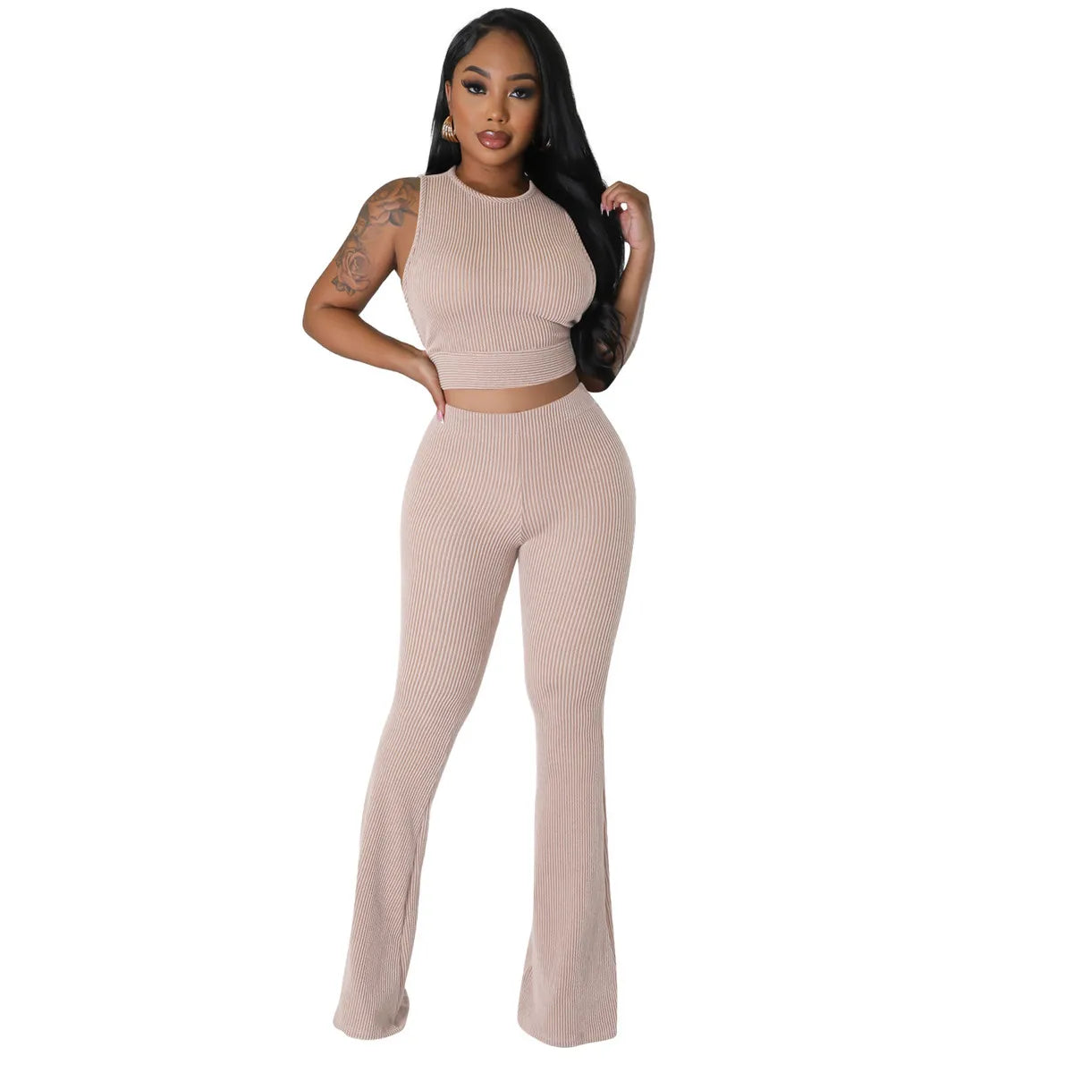 Women Fashion Casual Solid Color Pit Sleeveless Top Pants Two-Piece Set