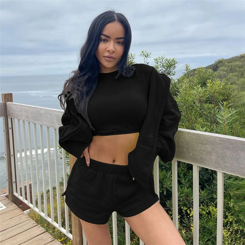 Women Fashion Solid Color Casual Three-Piece Set