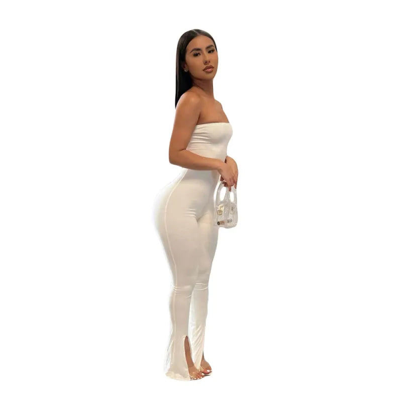 Women Sexy Solid Color Tube Top Split Stretch Jumpsuits