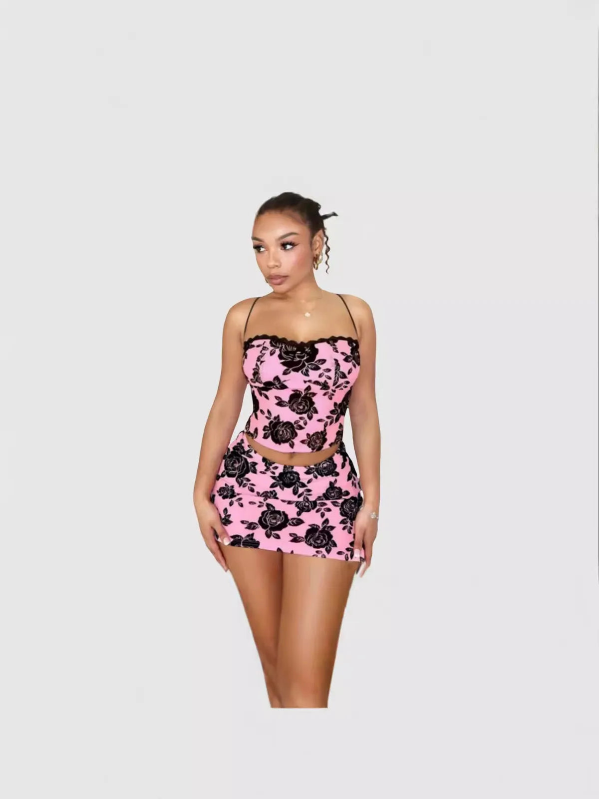 Women Fashion Sexy Rose Printed Lace Camisole Tight Skirt Two-Piece Set