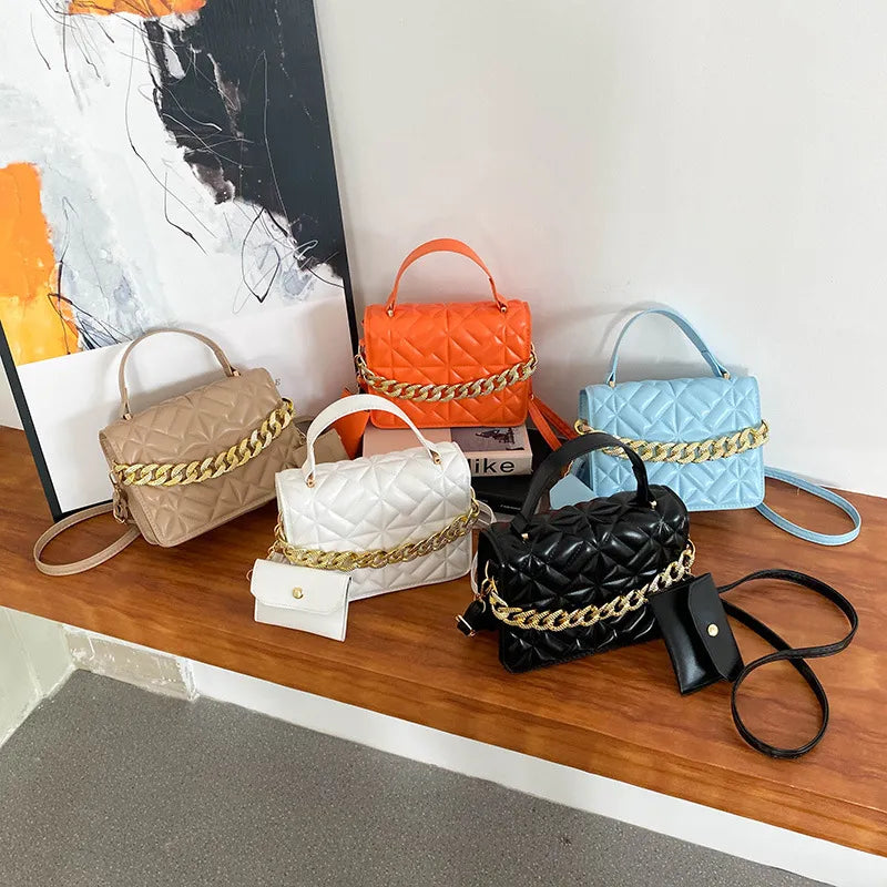 Women Basic Thick Chain Design Solid Color Plaid PU Shoulder Bag