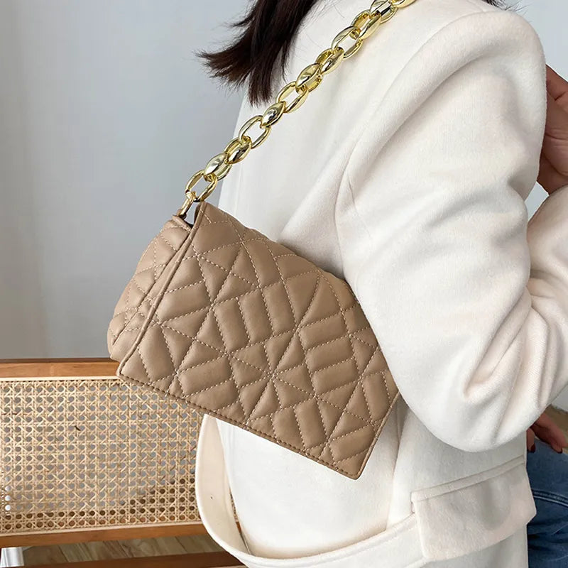 Women Fashion Chain Stitching Design Solid Color Plaid PU Shoulder Bag