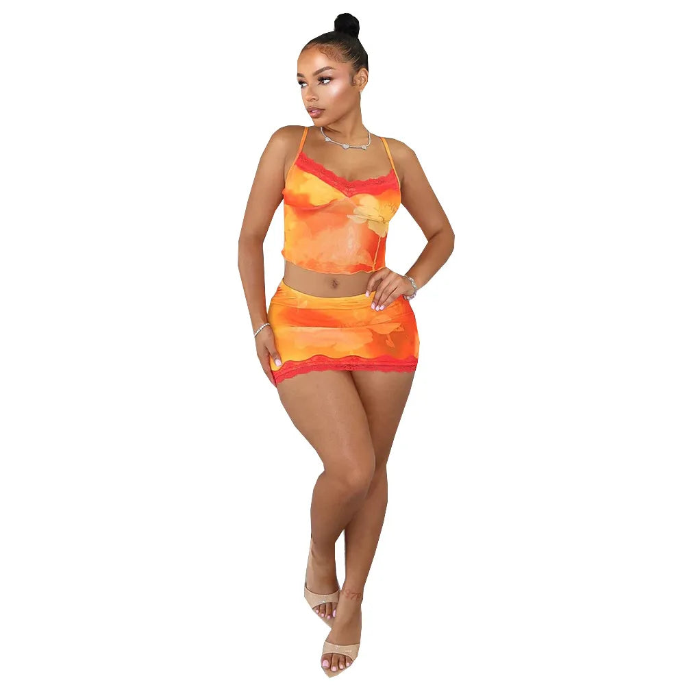 Sexy Women Lace Crop Camis Skirt Tie Dye Set