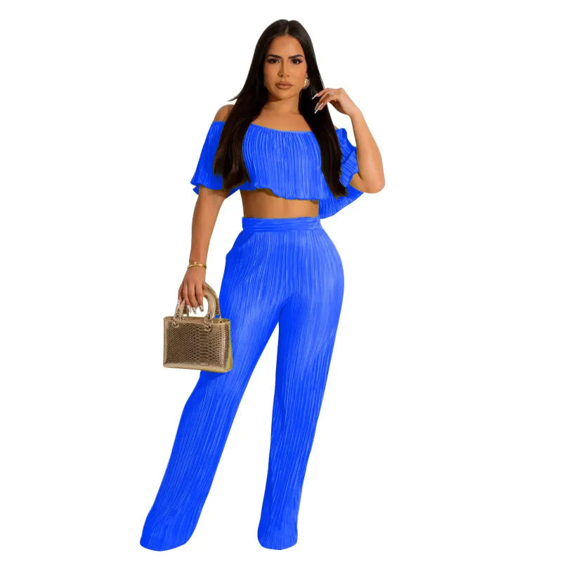 Women Fashion Solid Color Short-Sleeved Off-Shoulder Crop Top Casual Pants Two-Piece Sets