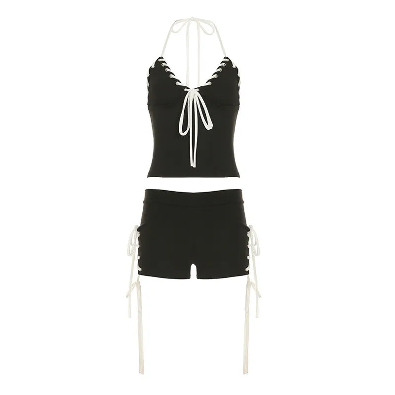 Women Fashion Sexy Halter-Neck Backless Lace-Up Top Tight Shorts Two-Piece Set