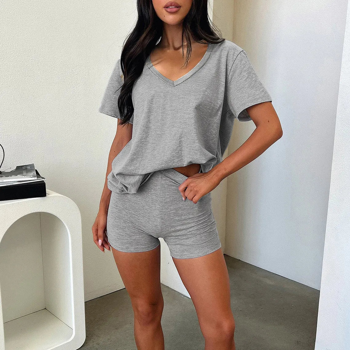 Women Fashion Casual Solid Color V-Neck Short-Sleeve T-Shirt Tight Shorts Two-Piece Set