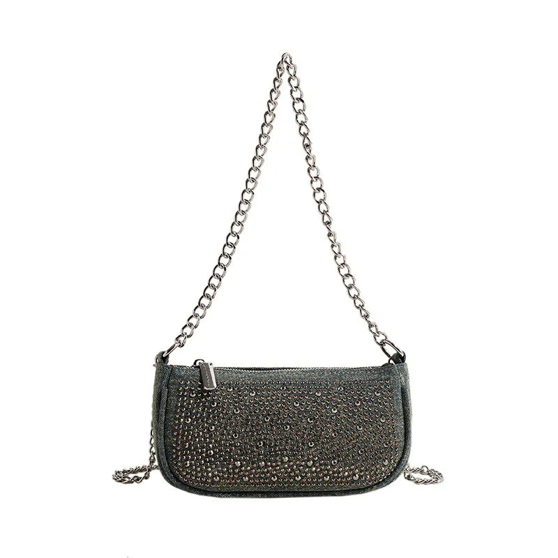 Women Fashion Square Rhinestone Zipper Shoulder Underarm Bag