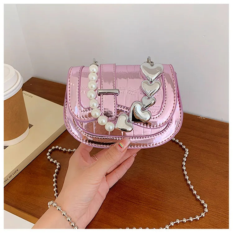 Summer Women Fashion Sequin Heart Pearl Chain Mini Crossbody Bag