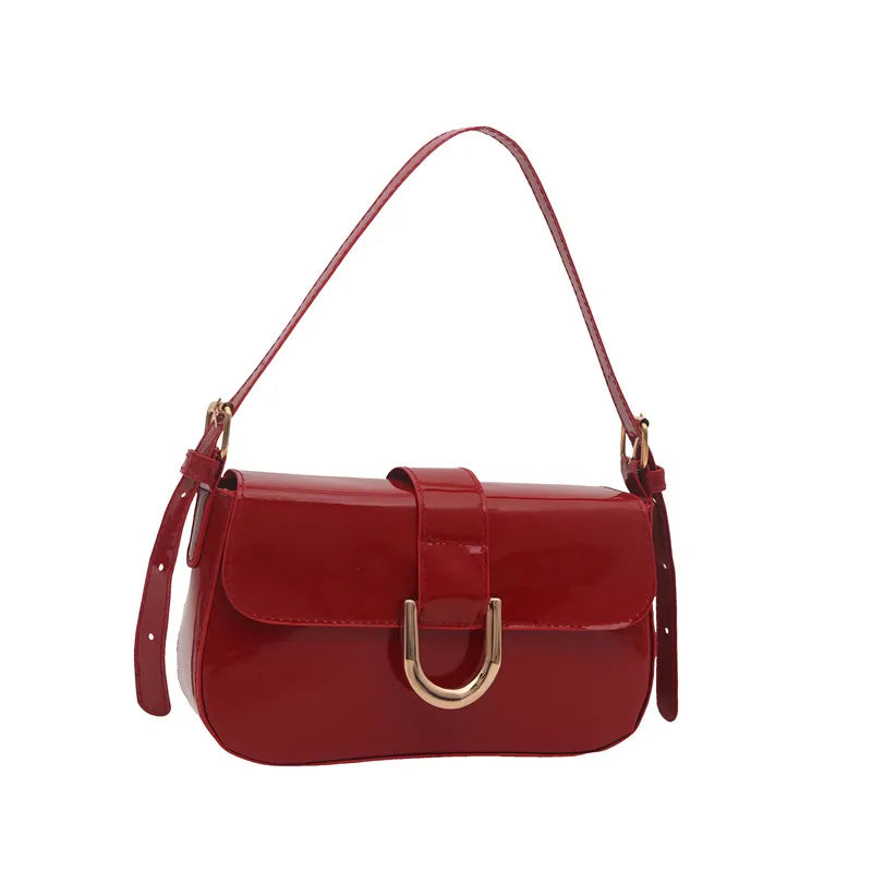 Women Fashion Retro Solid Color Bright Leather Shoulder Bag