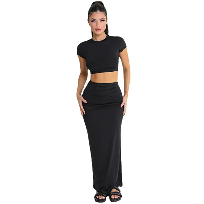 Women Fashion Solid Color Short Sleeve Top And Skirt Two-Piece Set