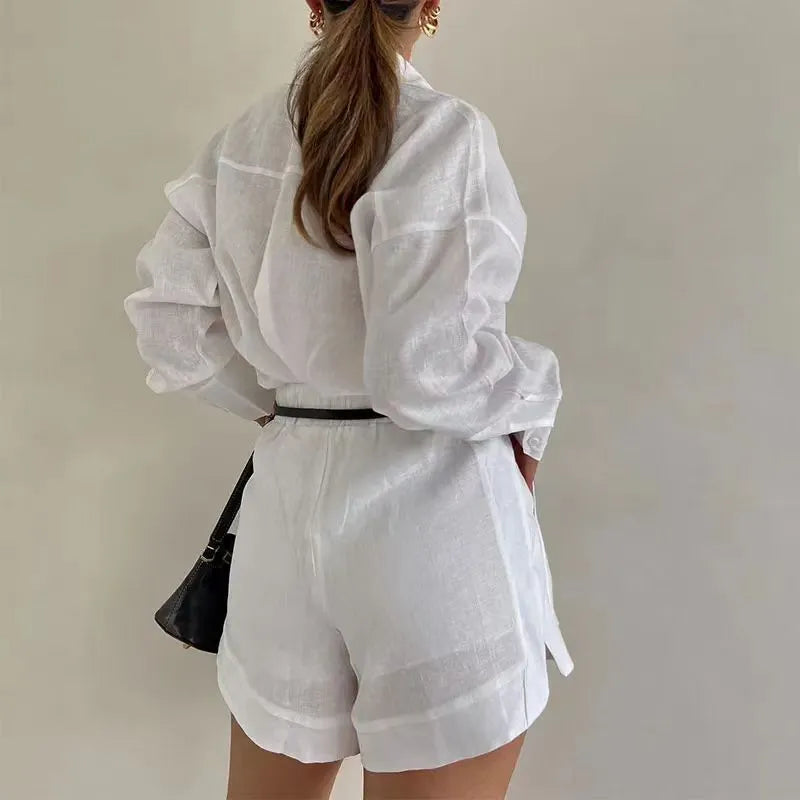 Women Fashion Casual Solid Color Lar Long Sleeve Shirt Top Shorts Two-Piece Set