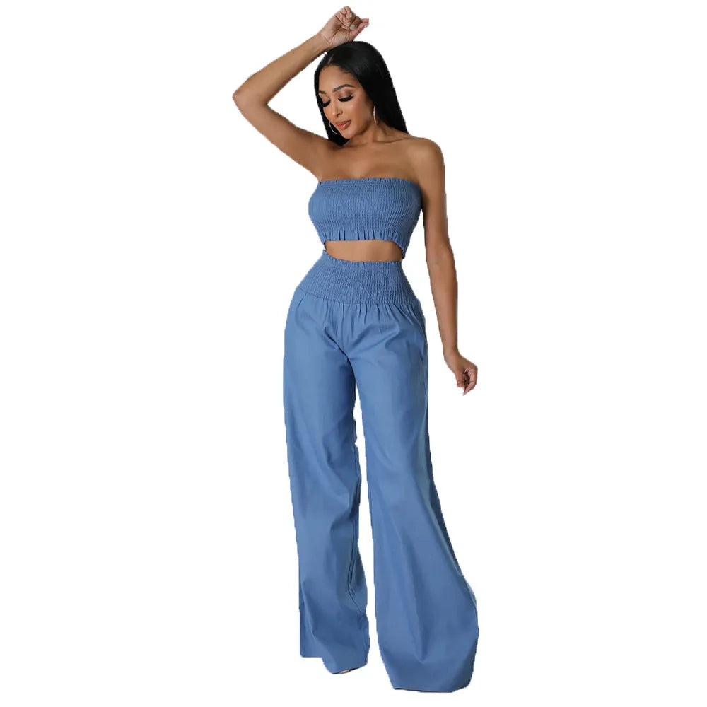 Sexy Women Wide-Leg Pants Crop Tube Top Two-Piece Set