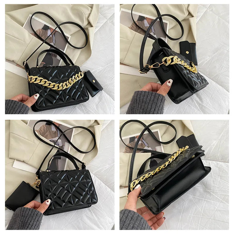 Women Basic Thick Chain Design Solid Color Plaid PU Shoulder Bag