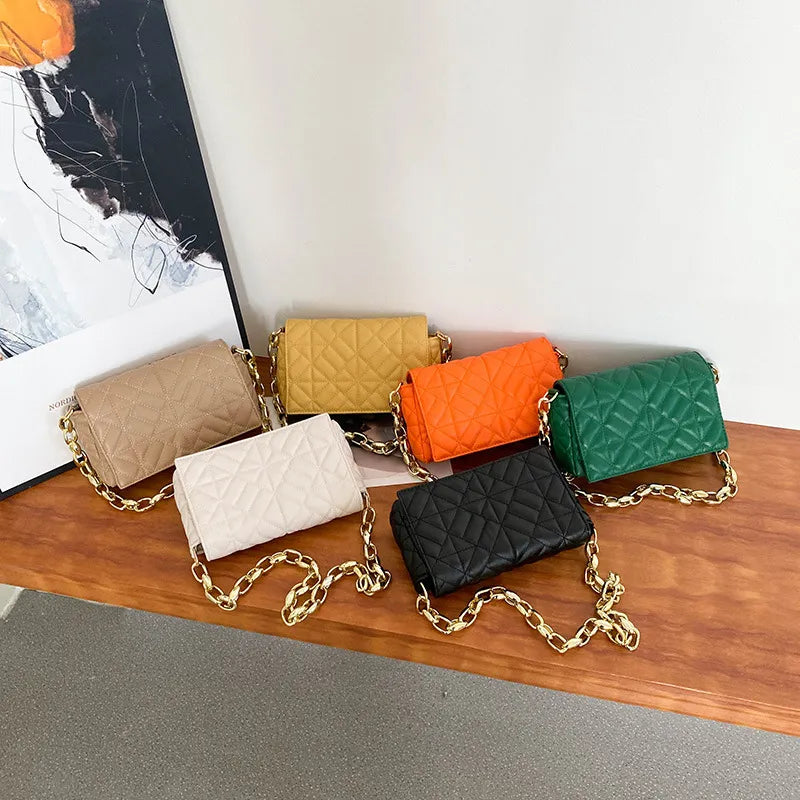 Women Fashion Chain Stitching Design Solid Color Plaid PU Shoulder Bag