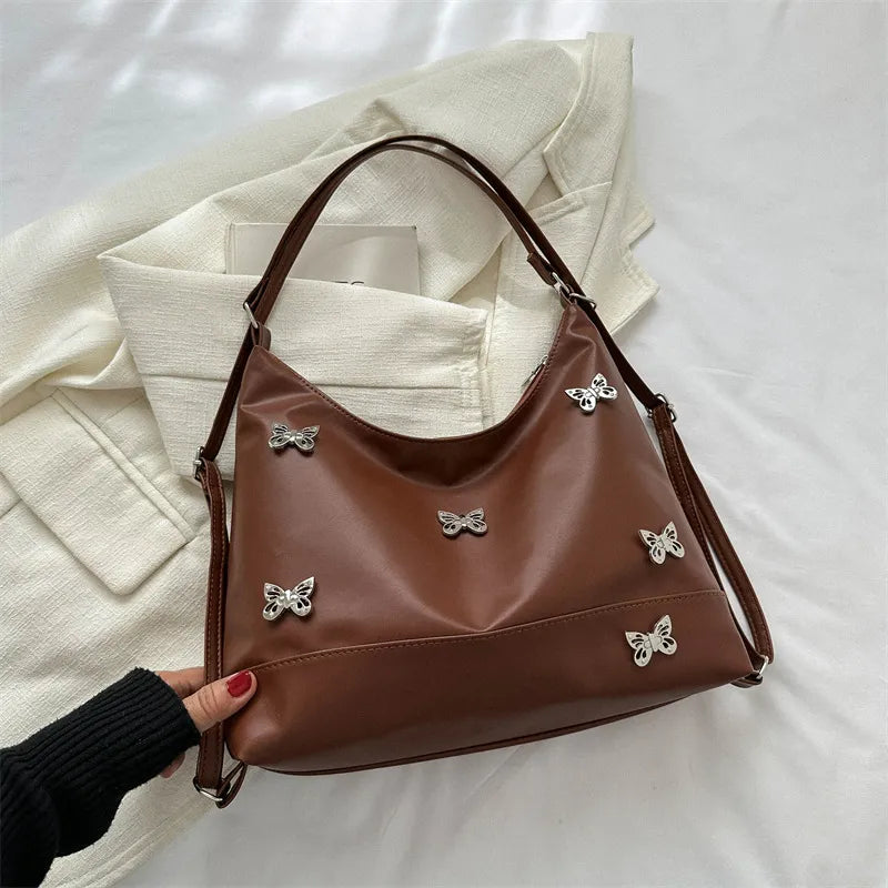 Solid Color Butterfly Rhinestone Large Capacity Shoulder Bag