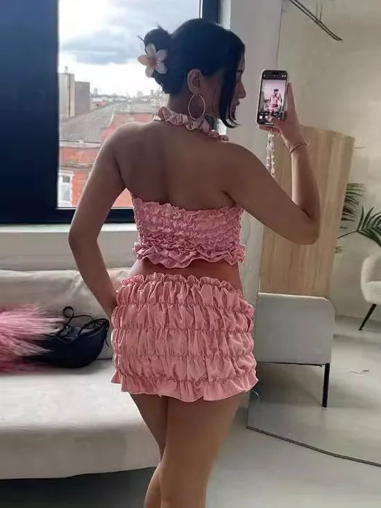 Women Sexy Solid Color Pleated Halter Top And Skirt Two-Piece Set