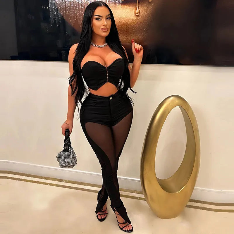 Women Fashion Sexy Tube Top Mesh Stitching Tight Pants Two-Piece Set