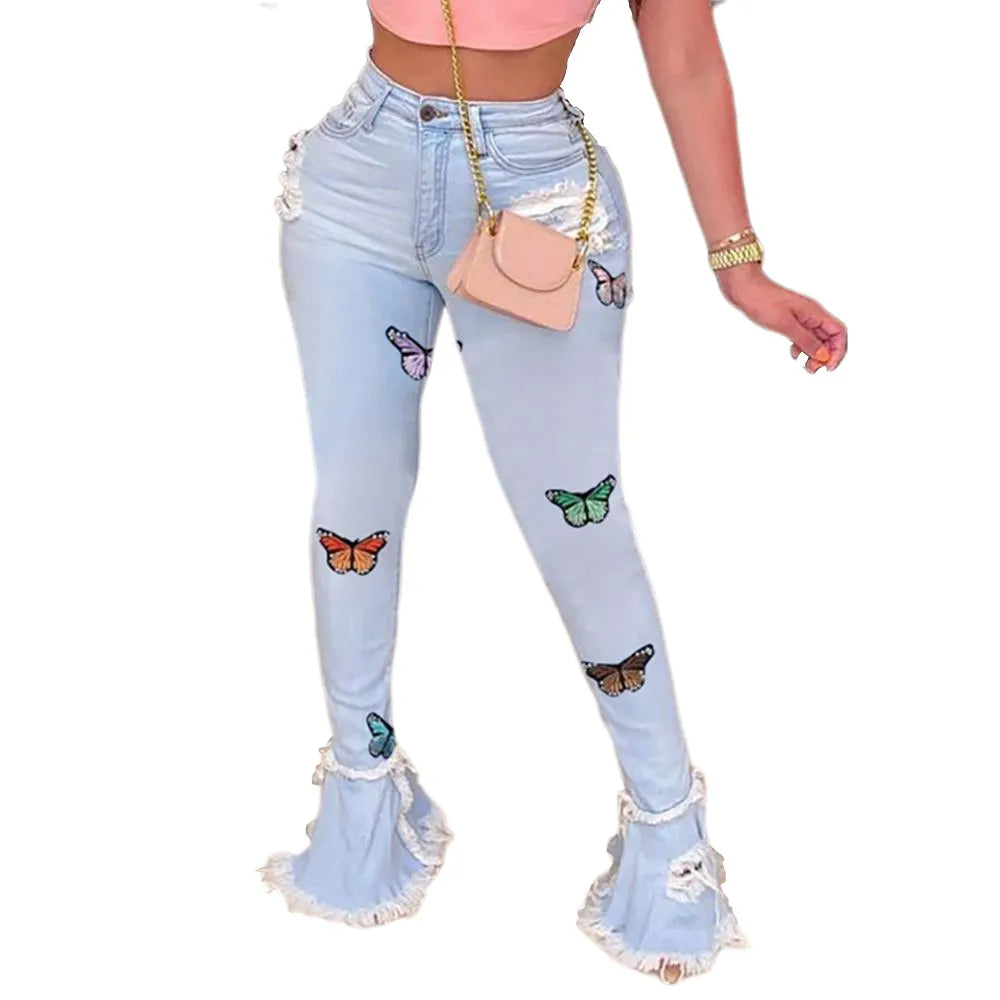 Butterfly Embroidered Ripped Horn Jeans