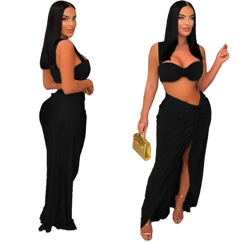 Women Fashion Sexy Solid Color Tank Crop Top Tight Front Split Skirts 2pcs-Set