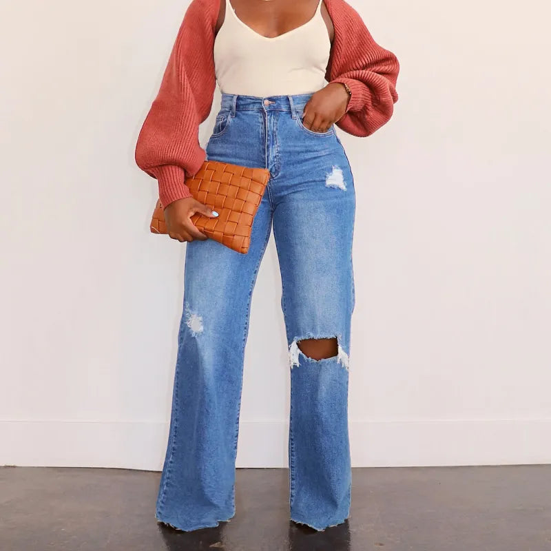 Ripped Wide Leg Straight Jeans