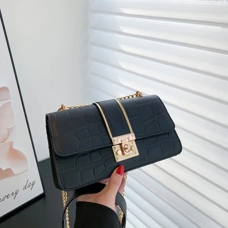 Women Fashion Simple Chain Stone Pattern Commuter Shoulder Bag