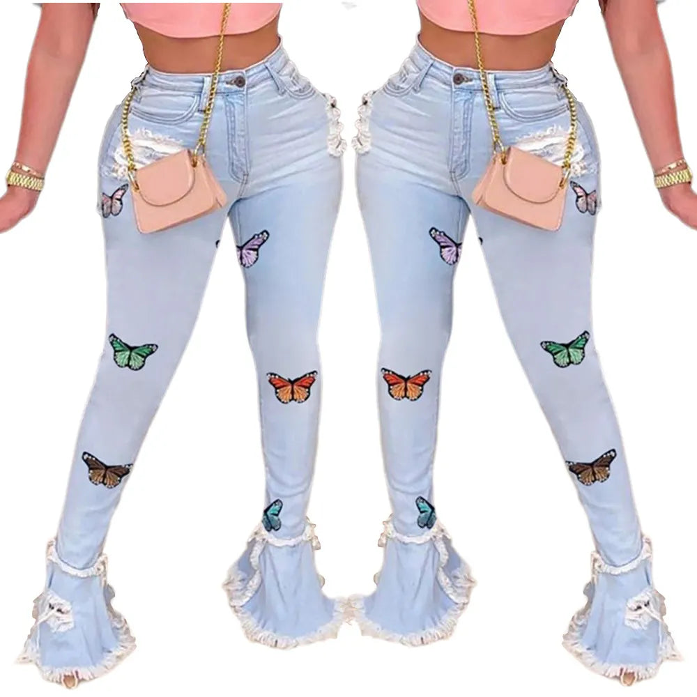 Butterfly Embroidered Ripped Horn Jeans