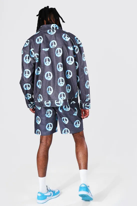 Oversized All Over Peace Print Denim Jacket
