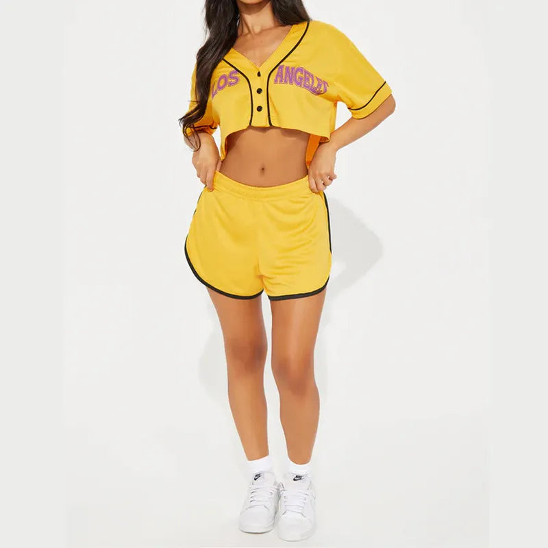 Women Casual Letter Printed V-Neck Short-Sleeve Top High Waist Short Two-Piece Set