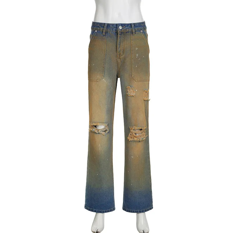 Ripped High Waist Straight Jeans