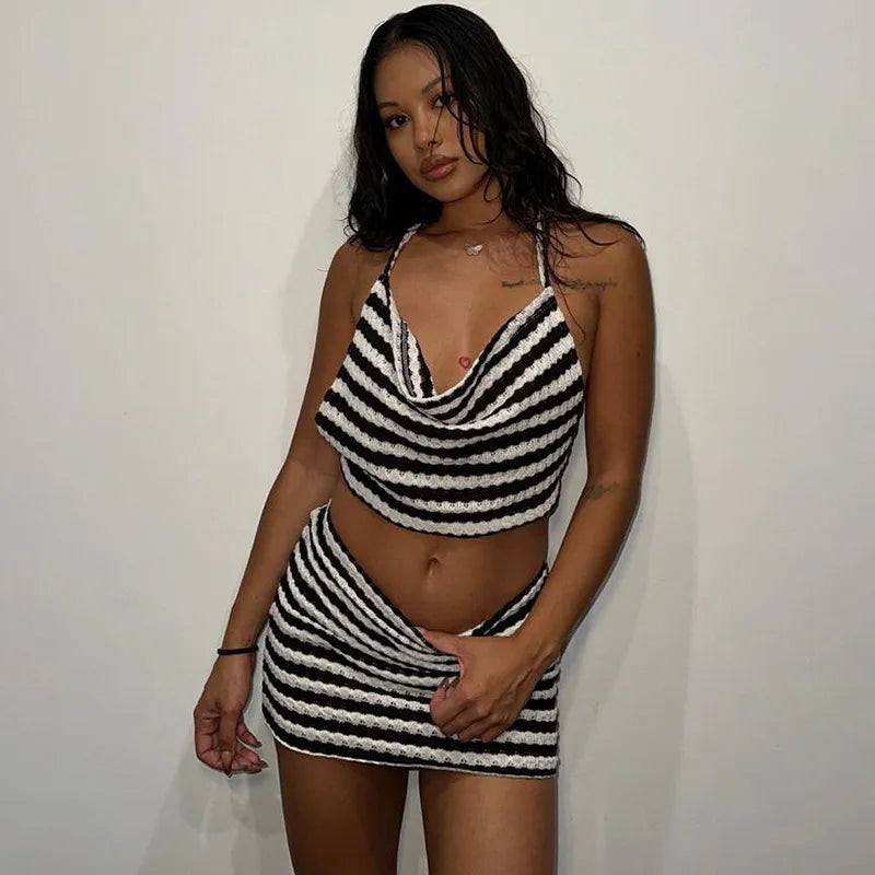 Women Fashion Sexy Stripe Halter-Neck Backless Lace Two-Piece Set
