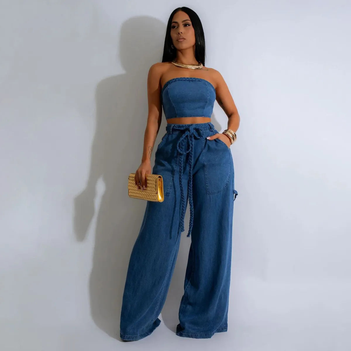 Women Fashion Casual Denim Tube Top Wide Leg Lace-Up Jeans Two-Piece Set