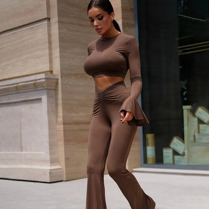 omen Fashion Solid Color Ruffled Long Sleeve Crop Top Pleated Slim Fit Pants Two-Piece Set