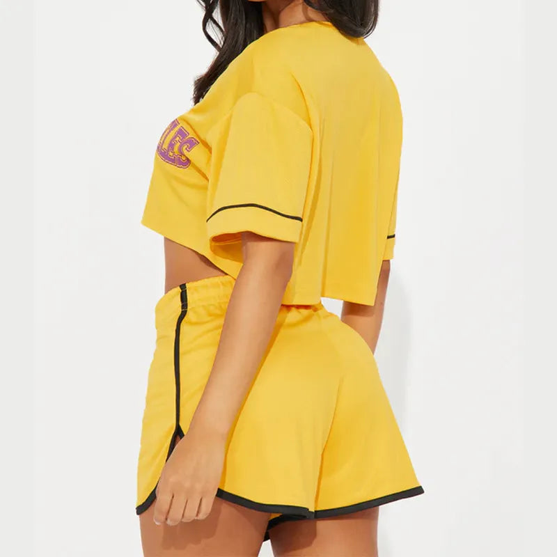Women Casual Letter Printed V-Neck Short-Sleeve Top High Waist Short Two-Piece Set