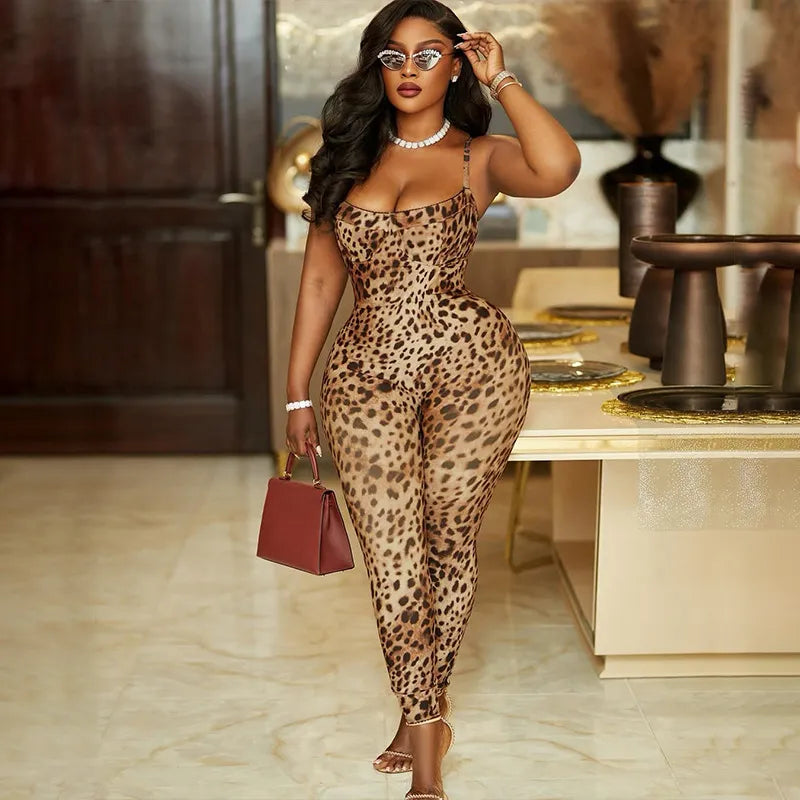 Women Fashion Sexy Leopard Printed Sleeveless High Waist Tight Jumpsuit