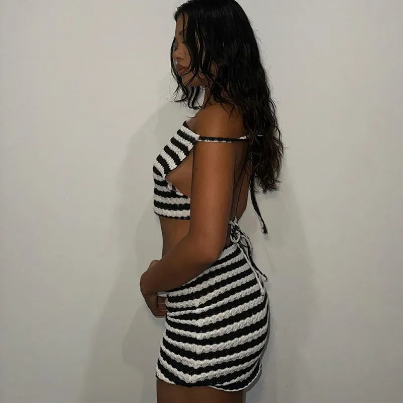 Women Fashion Sexy Stripe Halter-Neck Backless Lace Two-Piece Set