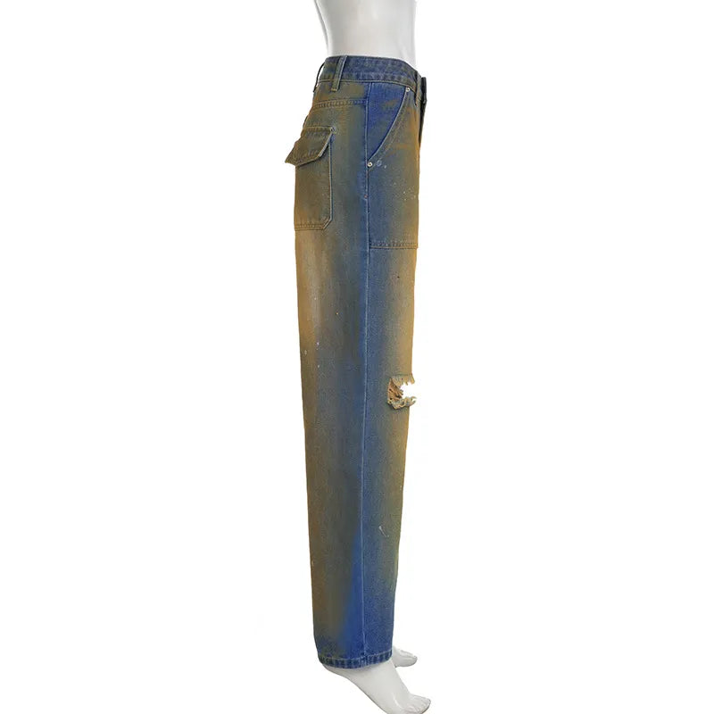 Ripped High Waist Straight Jeans