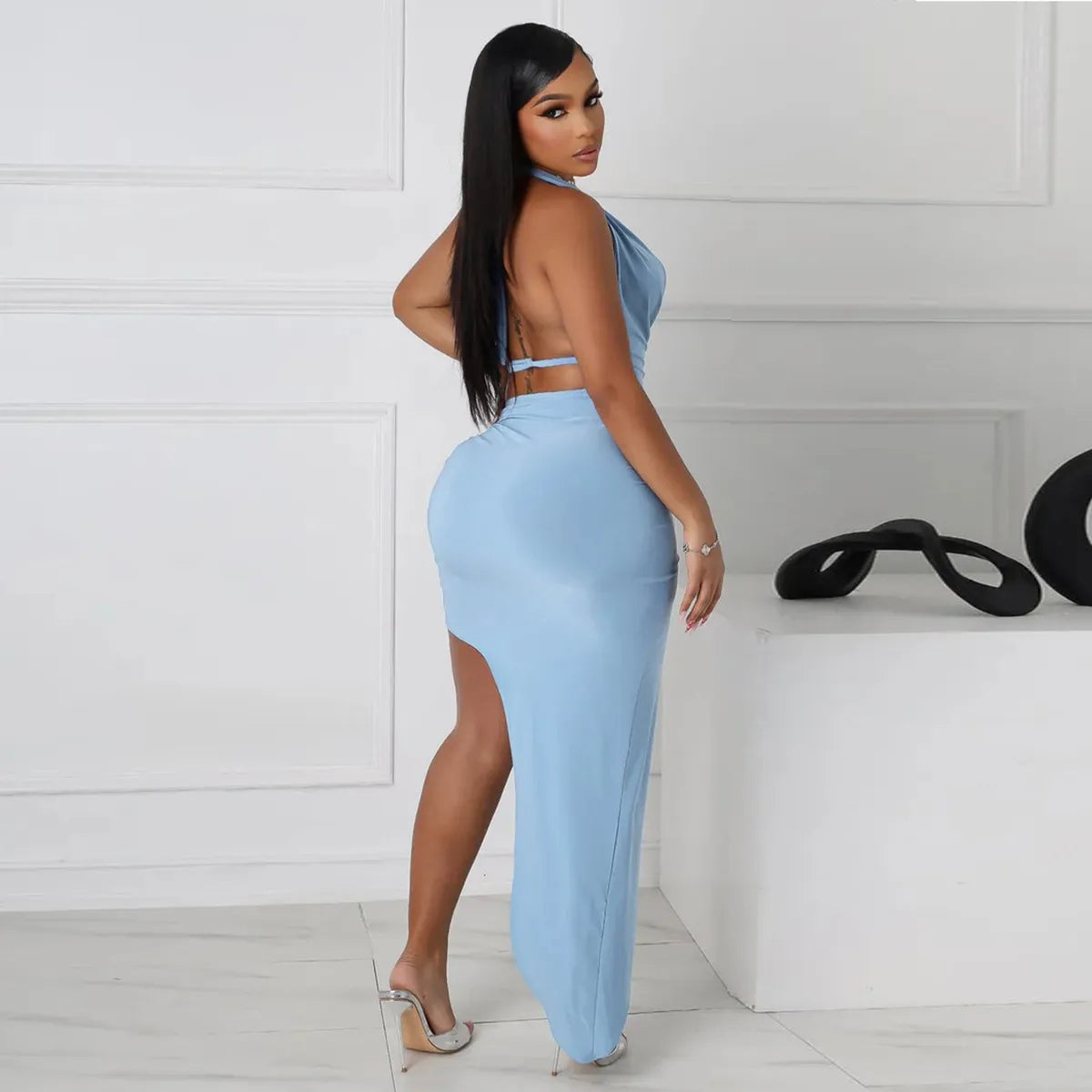 Women Fashion Sexy Solid Color Halter-Neck Backless Top Split Skirt Two-Piece Set